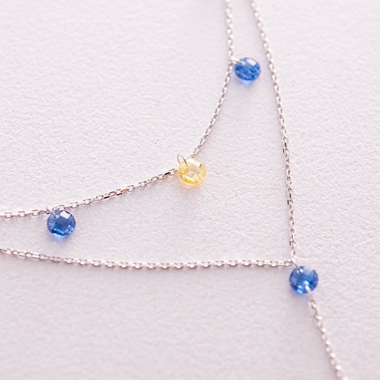 Двойное золотое колье - галстук "Украинка" (синие и желтые фианиты) кол02332 от ювелирного магазина Оникс - 4