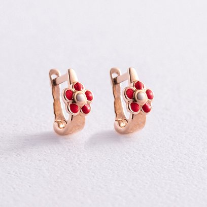 Детские золотые серьги "Цветочки" (эмаль) с02135