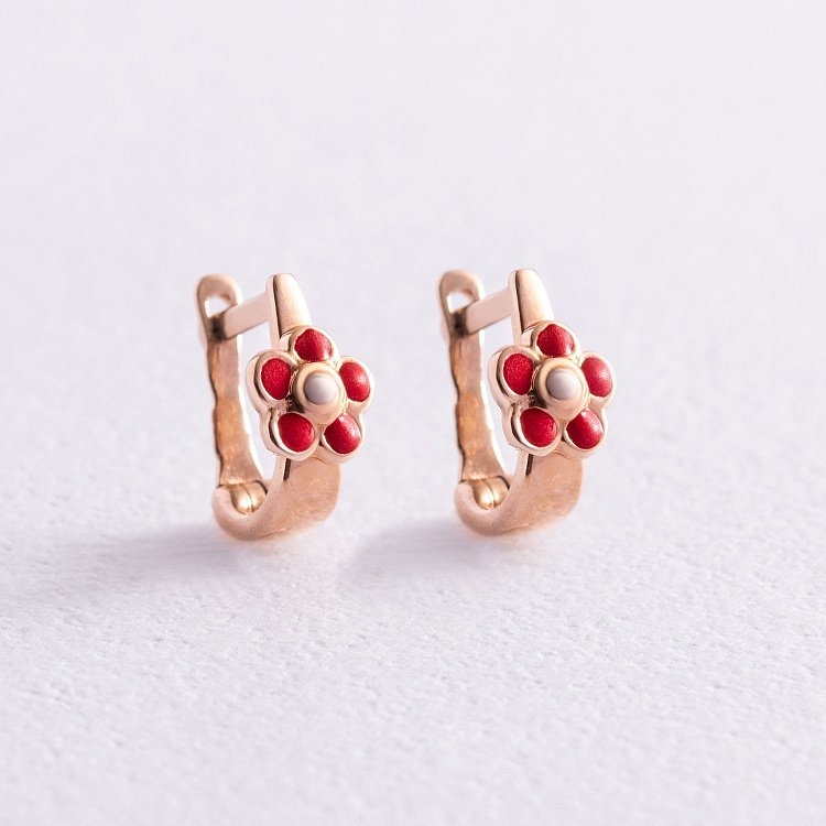 Детские золотые серьги "Цветочки" (эмаль) с02135 от ювелирного магазина Оникс