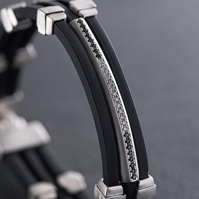 Каучуковый браслет с серебряными вставками (фианиты) 1091чб №3