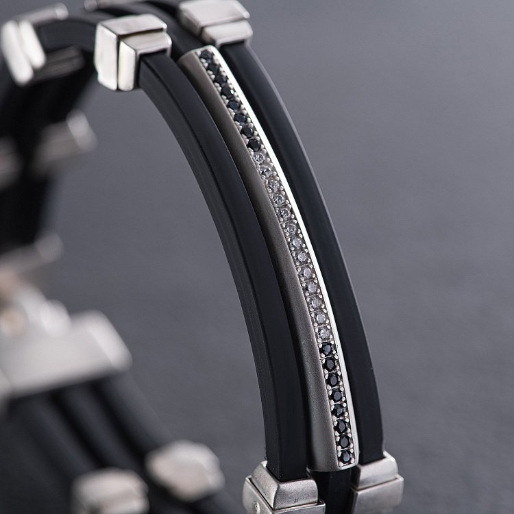 Каучуковый браслет с серебряными вставками (фианиты) 1091чб от ювелирного магазина Оникс - 2