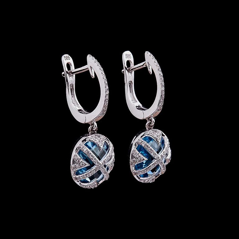 Золоті сережки з блакитним топазом і діамантами C01099E