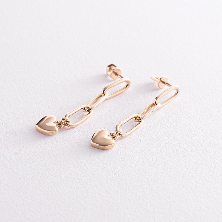 Золотые серьги - пусеты "Сердечки на цепочке" с07862 от ювелирного магазина Оникс - 2