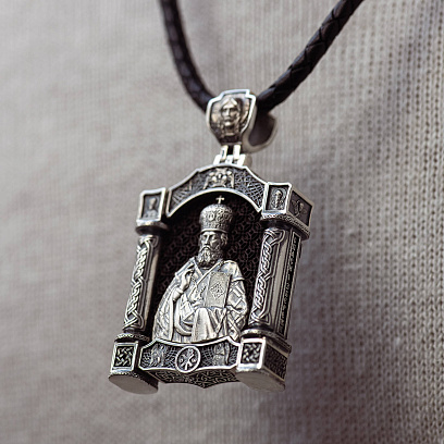 Серебряный кулон "Николай Чудотворец. Архангел Михаил" (эбеновое дерево) 1607 №4