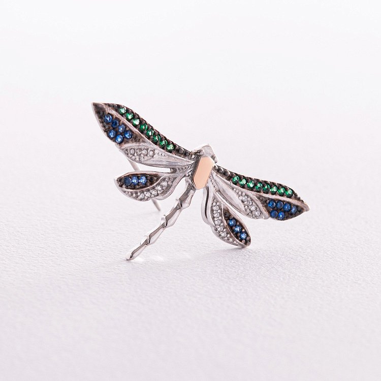 Серебряная брошь "Стрекоза" с разноцветными фианитами 048 от ювелирного магазина Оникс
