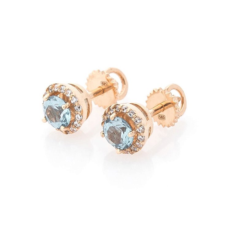 Золоті сережки-пусети з блакитним топазом і фіанітами с489 від ювелірного магазину Онікс