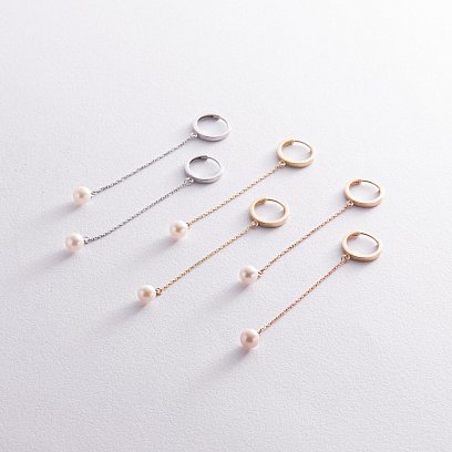 Серьги - кольца "Жемчужина на цепочке" в белом золоте с08357 №5