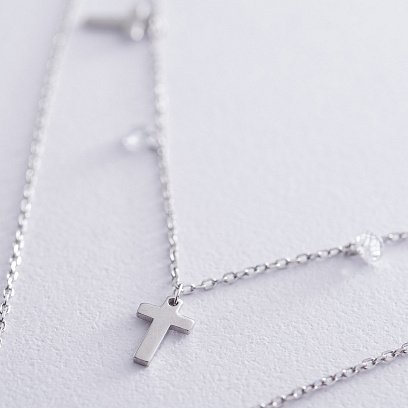 Подвійне срібне кольє "Хрестики" з фіанітами 18939 №3