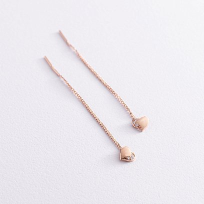 Золотые серьги - протяжки "Сердца" с фианитами с05189