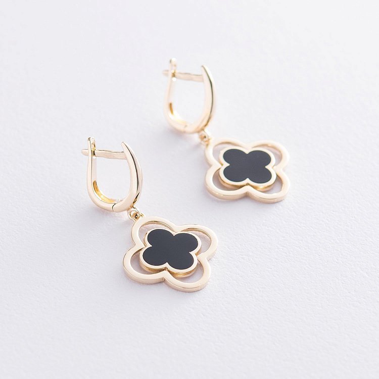 Сережки "Конюшина" в жовтому золоті (емаль) с06810 від ювелірного магазину Онікс