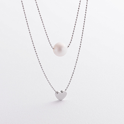 Подвійне кольє "Сердечко та перлина" (біле золото) кол02608