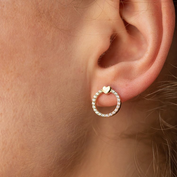 Серьги - пусеты "Сердечки" с фианитами (желтое золото) с08466 от ювелирного магазина Оникс - 4