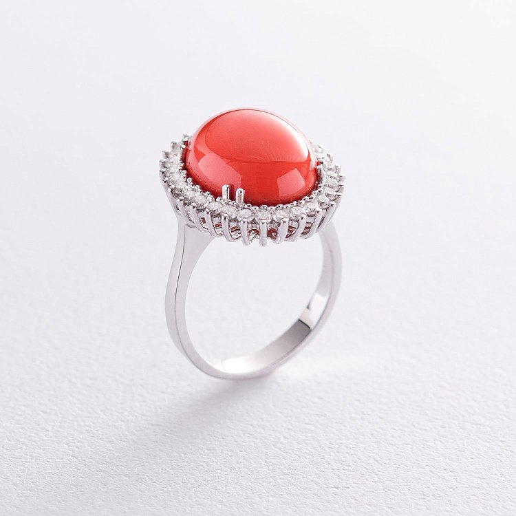 Золота каблучка (корал, діаманти) к938k - 1 Золота каблучка (корал, діаманти) к938k від ювелірного магазину Онікс - 1