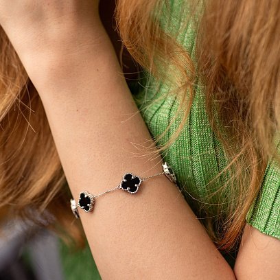 Браслет "Конюшина" з оніксом (біле золото) б05438 №2