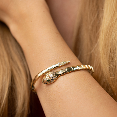 Жорсткий браслет "Змія" у жовтому золоті (фіаніти) б05513 №7