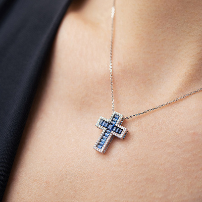 Хрестик у білому золоті (діаманти, сапфіри) пб0395ca №5