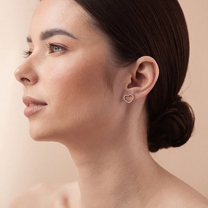 Золотые серьги - пусеты "Сердечки" с фианитами с08443 №2