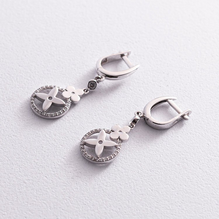 Золотые серьги "Клевер" с фианитами с04863 от ювелирного магазина Оникс - 2