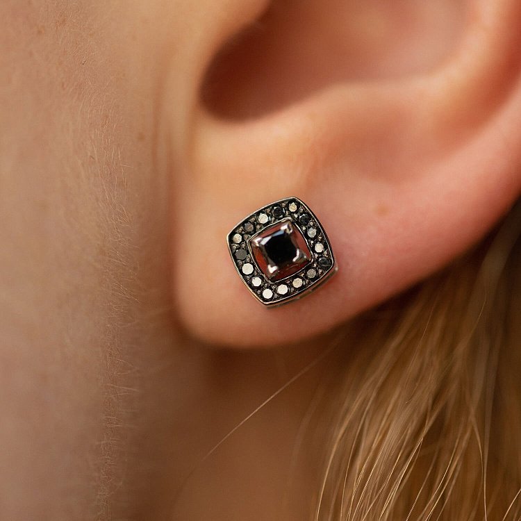 Золотые серьги - пусеты 2 в 1 с черными бриллиантами 332921122 от ювелирного магазина Оникс - 5