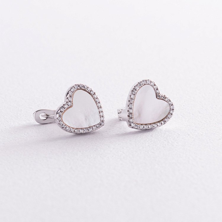 Серебряные серьги "Сердечки" (фианиты, перламурт) 122005 от ювелирного магазина Оникс - 3