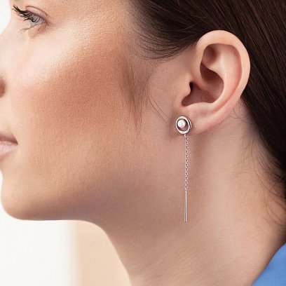 Серебряные серьги - пусеты с цепочками (жемчуг) 40017 №2