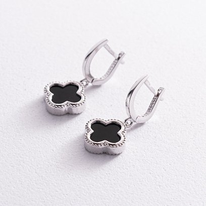 Сережки "Конюшина" в білому золоті (онікс) с07665 №3