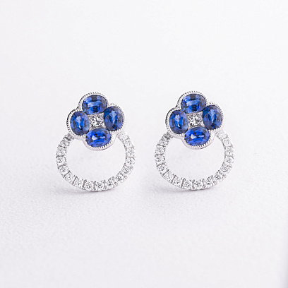 Серьги - пусеты "Клевер" в белом золоте (бриллианты, сапфиры) сб0720lg