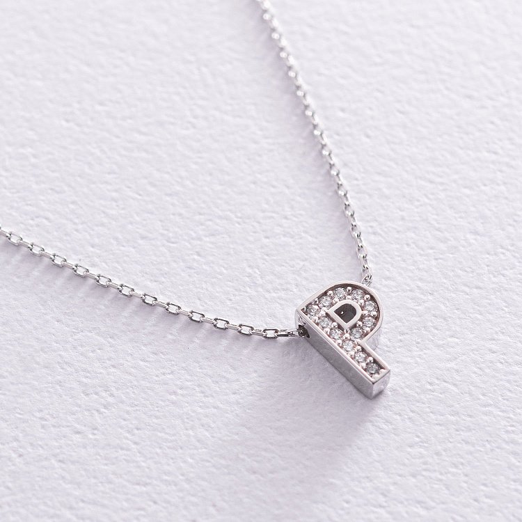 Кольє з буквою "Р" в білому золоті (фіаніти) кол01329Р від ювелірного магазину Онікс