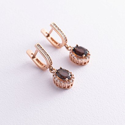 Золоті сережки з димчастими топазами і фіанітами с01487t