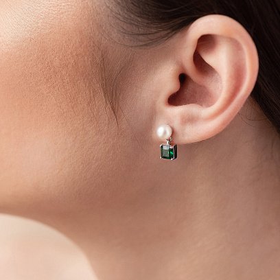 Золотые серьги - пусеты "Альма" (зеленые фианиты, жемчуг) с08248 №6