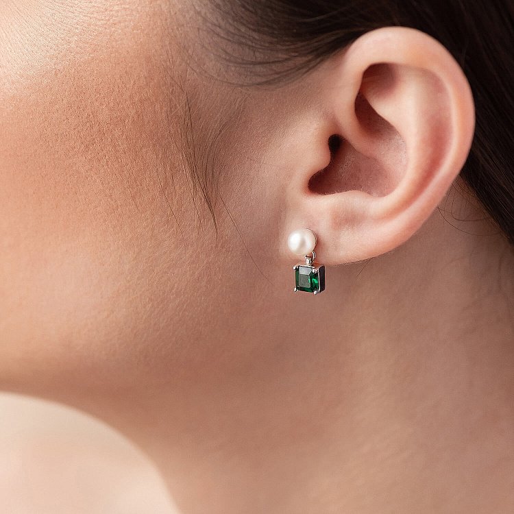 Золотые серьги - пусеты "Альма" (зеленые фианиты, жемчуг) с08248 от ювелирного магазина Оникс - 5