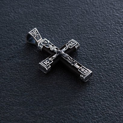 Срібний хрест "Розп'яття. Спаси та Збережи" з ебеновим деревом mini 1061