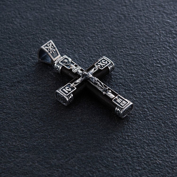 Срібний хрест "Розп'яття. Спаси та Збережи" з ебеновим деревом mini 1061 від ювелірного магазину Онікс