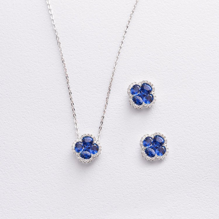 Золотые серьги - пусеты "Клевер" с бриллиантами и сапфирами сб0584mi от ювелирного магазина Оникс - 2