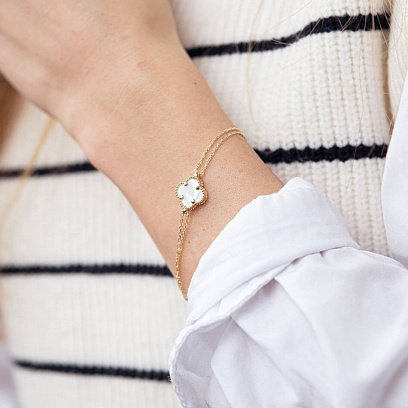 Подвійний браслет "Конюшина" в жовтому золоті (перламутр) б04908 №4