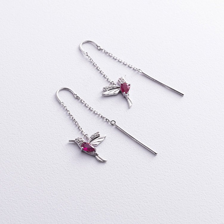 Срібні сережки - протяжки "Колібрі" (фіаніти, рубіни) GS-02-189-4410 від ювелірного магазину Онікс
