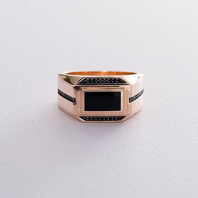 Печатка с фианитами и ониксом к06345