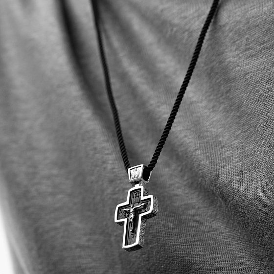 Срібний хрест "Розп'яття. Спаси і Збережи" з ебеновим деревом mini 1053 №4