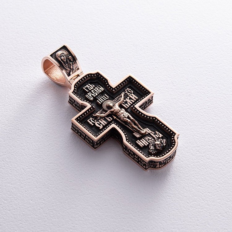 Золотой крест "Господь. Архангелы Михаил и Гавриил. Ангел Хранитель. Святитель Николай. Сергий Радонежский" с эбеновым деревом 980з - 6 Золотой крест "Господь. Архангелы Михаил и Гавриил. Ангел Хранитель. Святитель Николай. Сергий Радонежский" с эбеновым деревом 980з от ювелирного магазина Оникс - 6