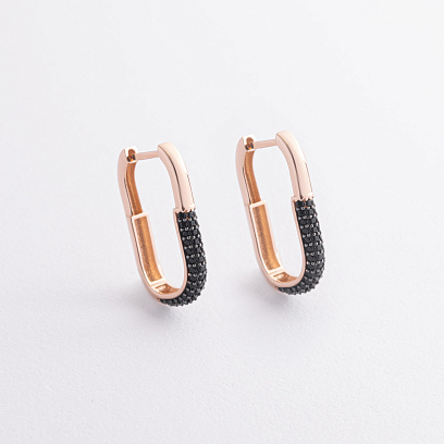 Золотые серьги с черными фианиты с09465