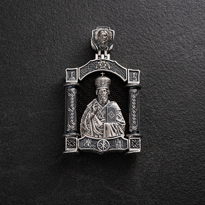 Срібний кулон "Миколай Чудотворець. Архангел Михаїл" (ебенове дерево) 1607