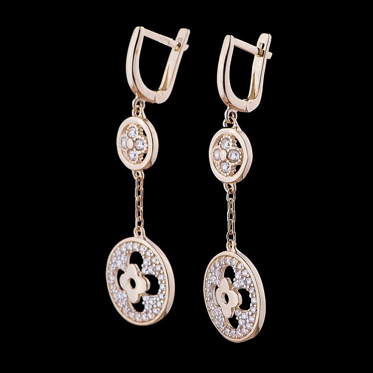 Золотые серьги "Клевер" с фианитами с04844 от ювелирного магазина Оникс - 1