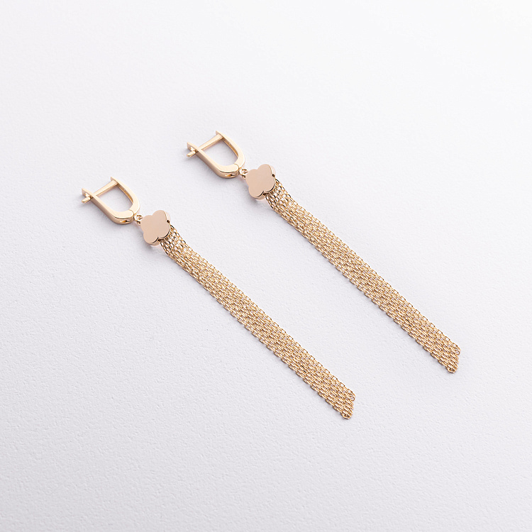 Серьги "Клевер" с цепочками (желтое золото) с09409 от ювелирного магазина Оникс - 1