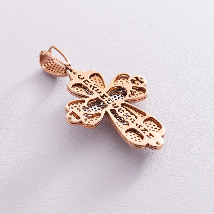 Золотой крест "Распятие. Спаси и Сохрани" с фианитами 270056 от ювелирного магазина Оникс - 2