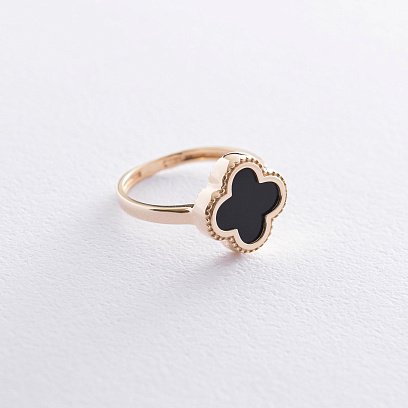 Каблучка "Конюшина" в жовтому золоті (онікс) к06622