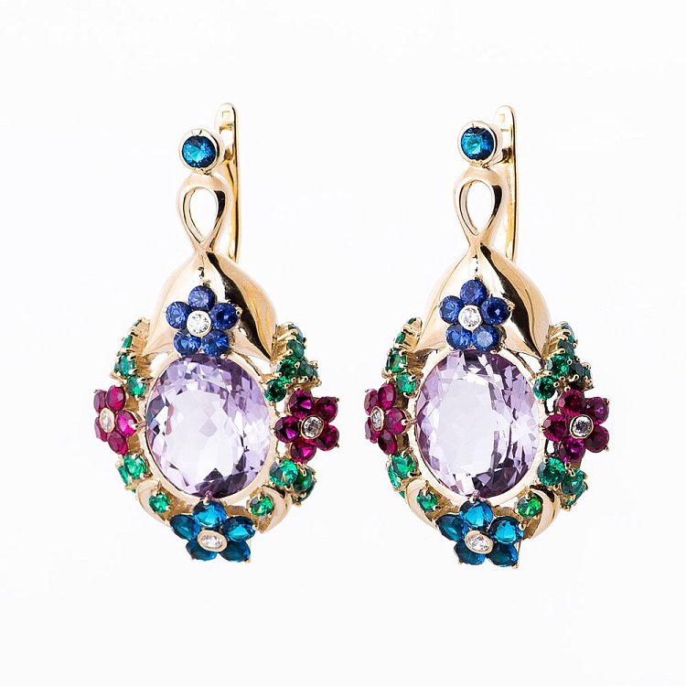 Золотые серьги с аметистом и фианитами 14048496а от ювелирного магазина Оникс