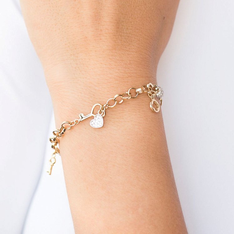 Золотой браслет "Сердечко и ключик" (фианиты) б03441 от ювелирного магазина Оникс - 3
