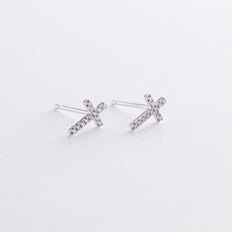 Золотые серьги-гвоздики "Крестики" с бриллиантами 218411ch от ювелирного магазина Оникс