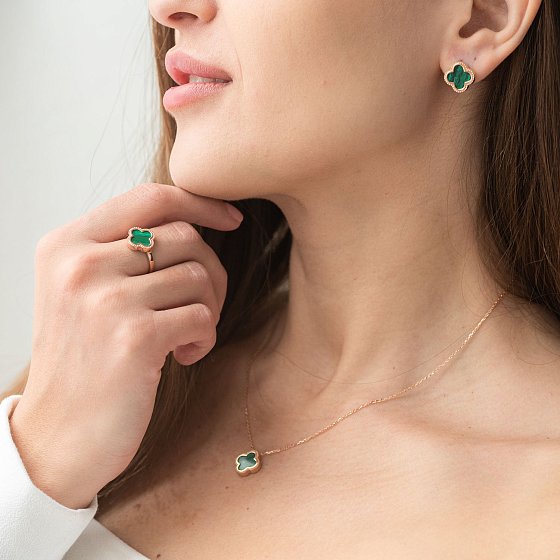 Серьги "Клевер" в красном золоте (малахит) с06829 №2