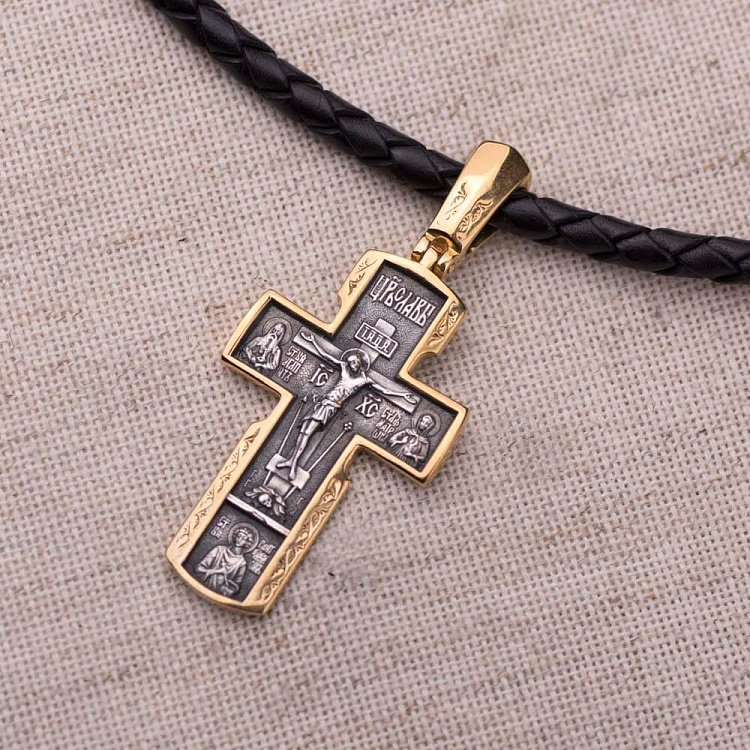 Серебряный крест "Распятие Христово. Икона Божией Матери" с позолотой 132301 от ювелирного магазина Оникс - 6